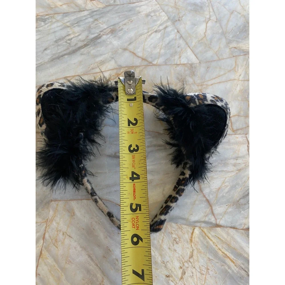 Leopard Print Cat Ear Headband with Black Marabou Feather Trim Costume Accessory